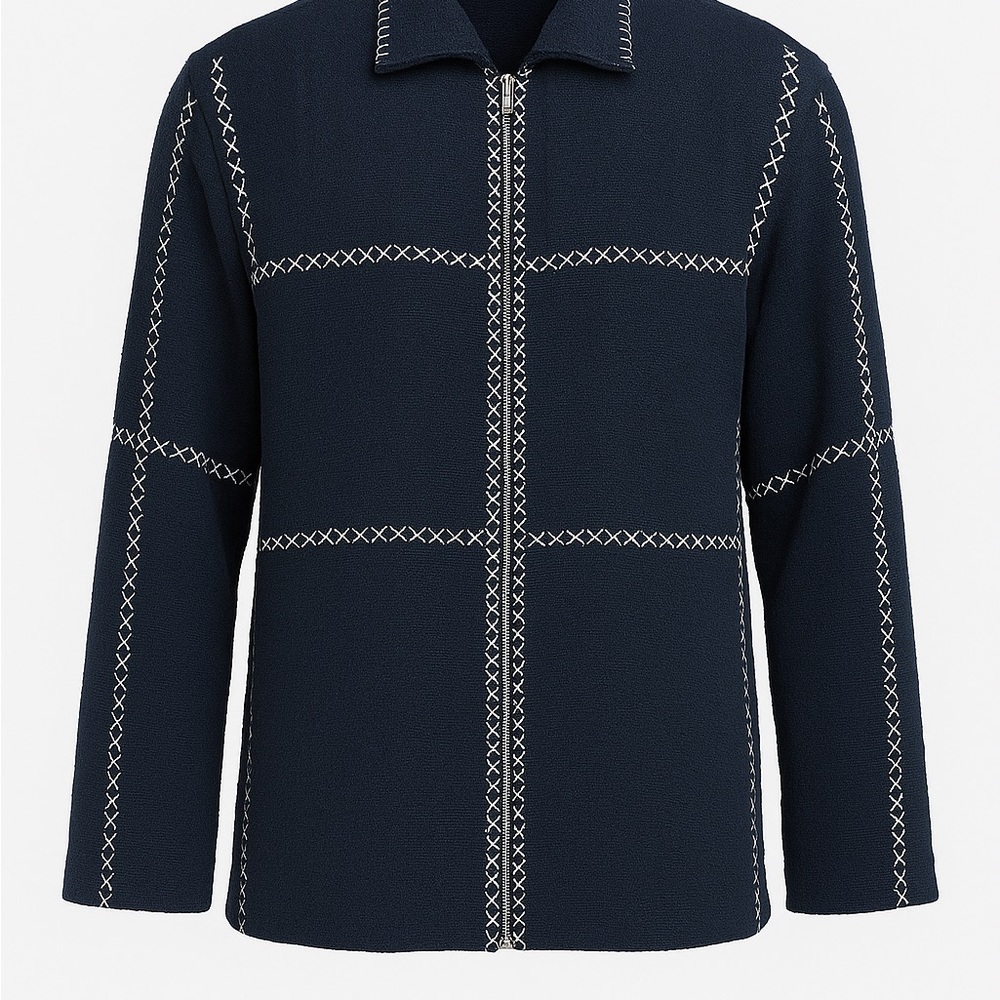 Men's Navy Cotton Sweater Jacket with White Stitching